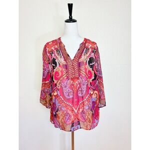 Bila Bohemian Sheer Sequin Embroidered 3/4 Sleeve Top Size XL Boho Maximalist